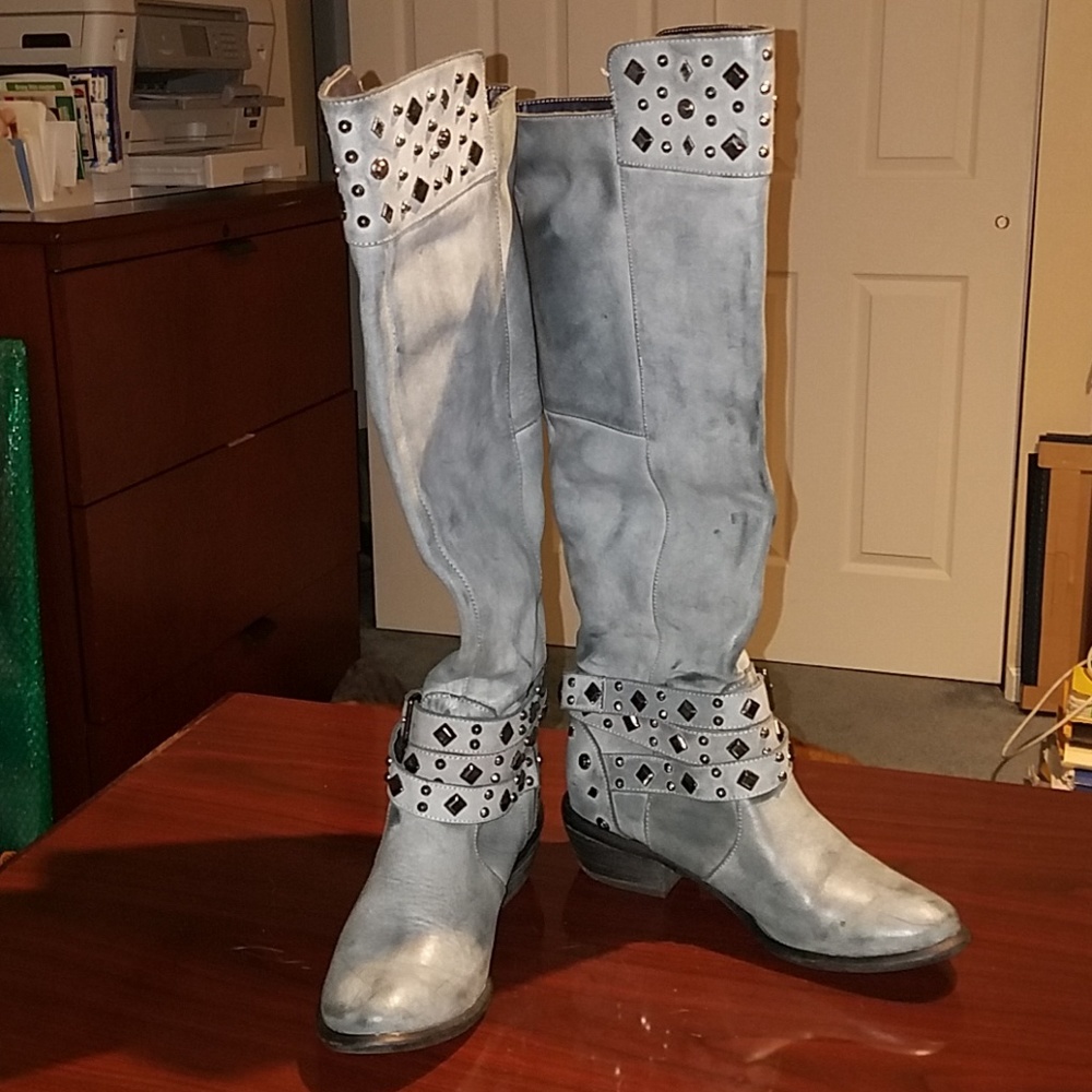 Restricted Knee High Grey Studded 1.5" Heel Boots